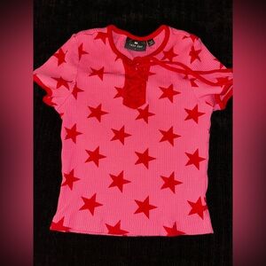 Rare Lazy Oaf Pink and Red Star Lace-Up Top